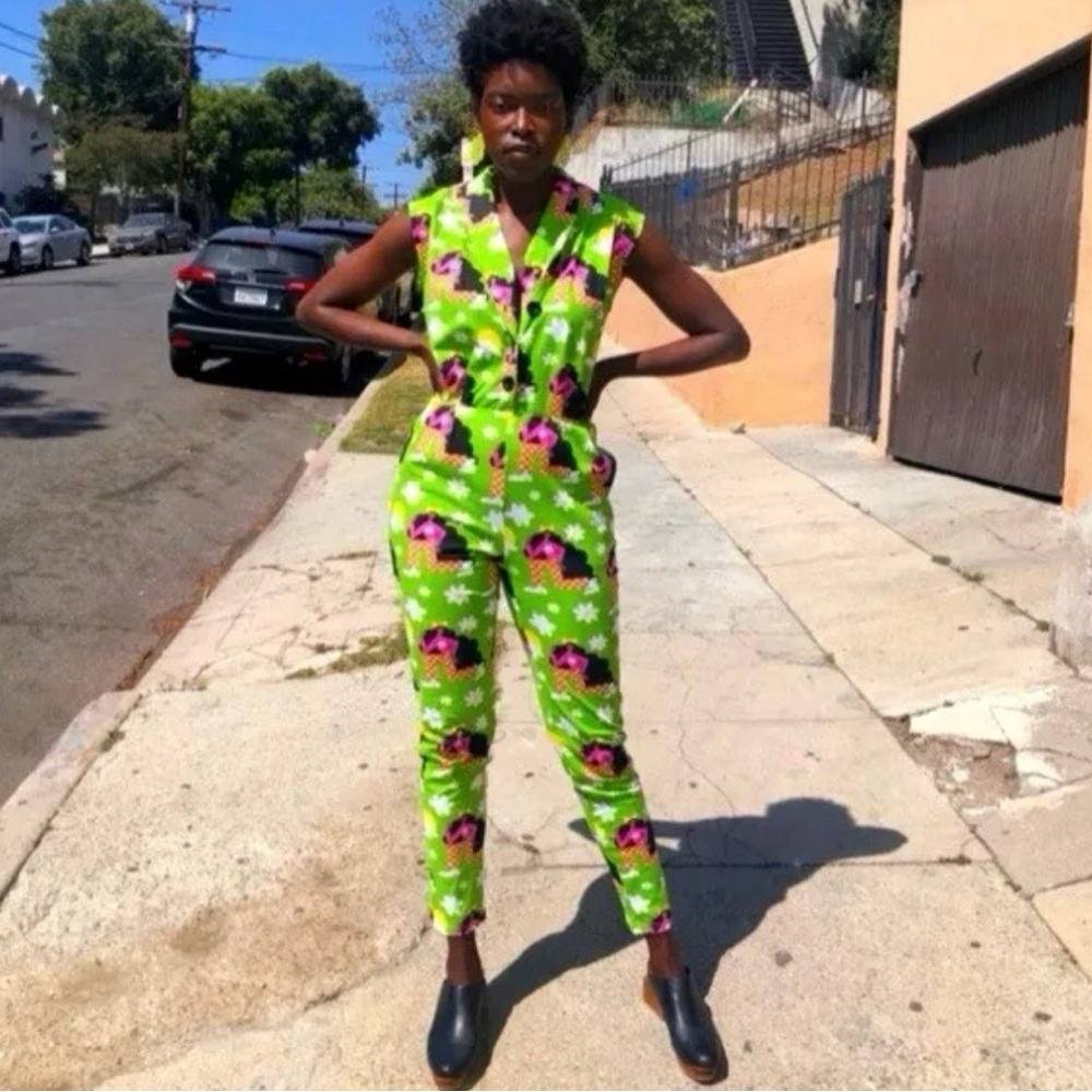 Nooworks Green Floral Coveralls Jumpsuit LARGE Rare Excellent Condition